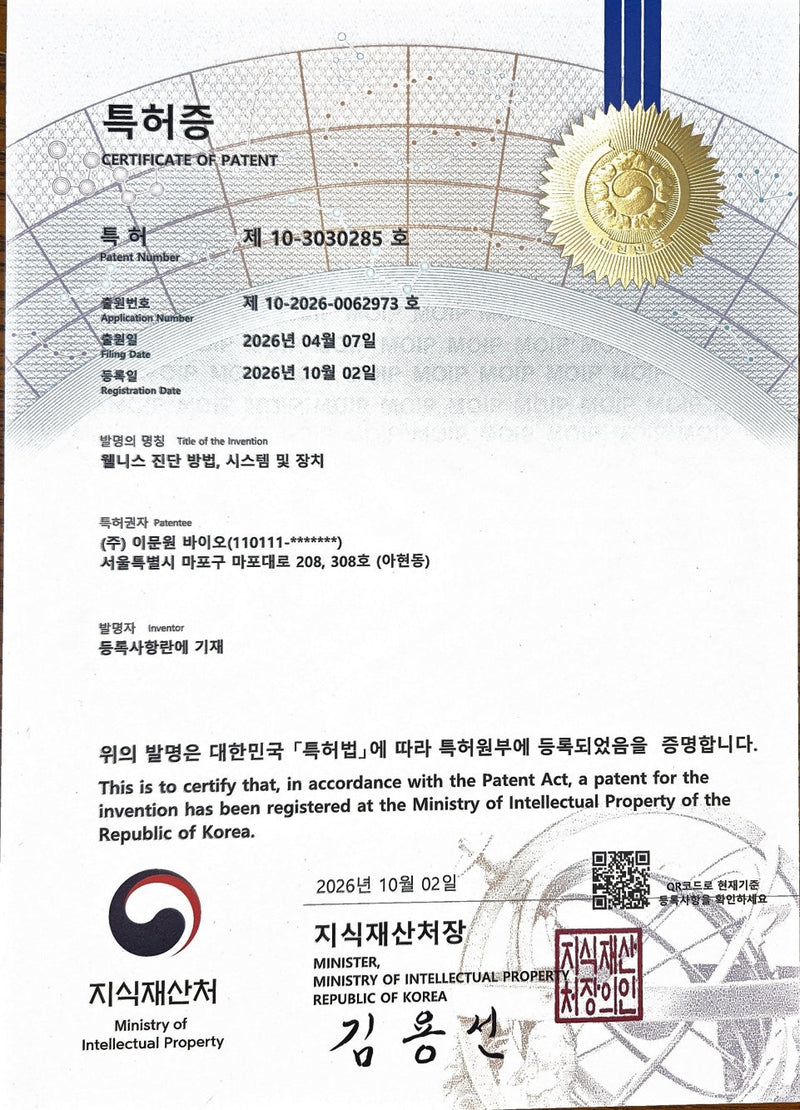 Patent Granted for a Wellness Diagnosis Method, System and Device (Patent No. 10-3030285)